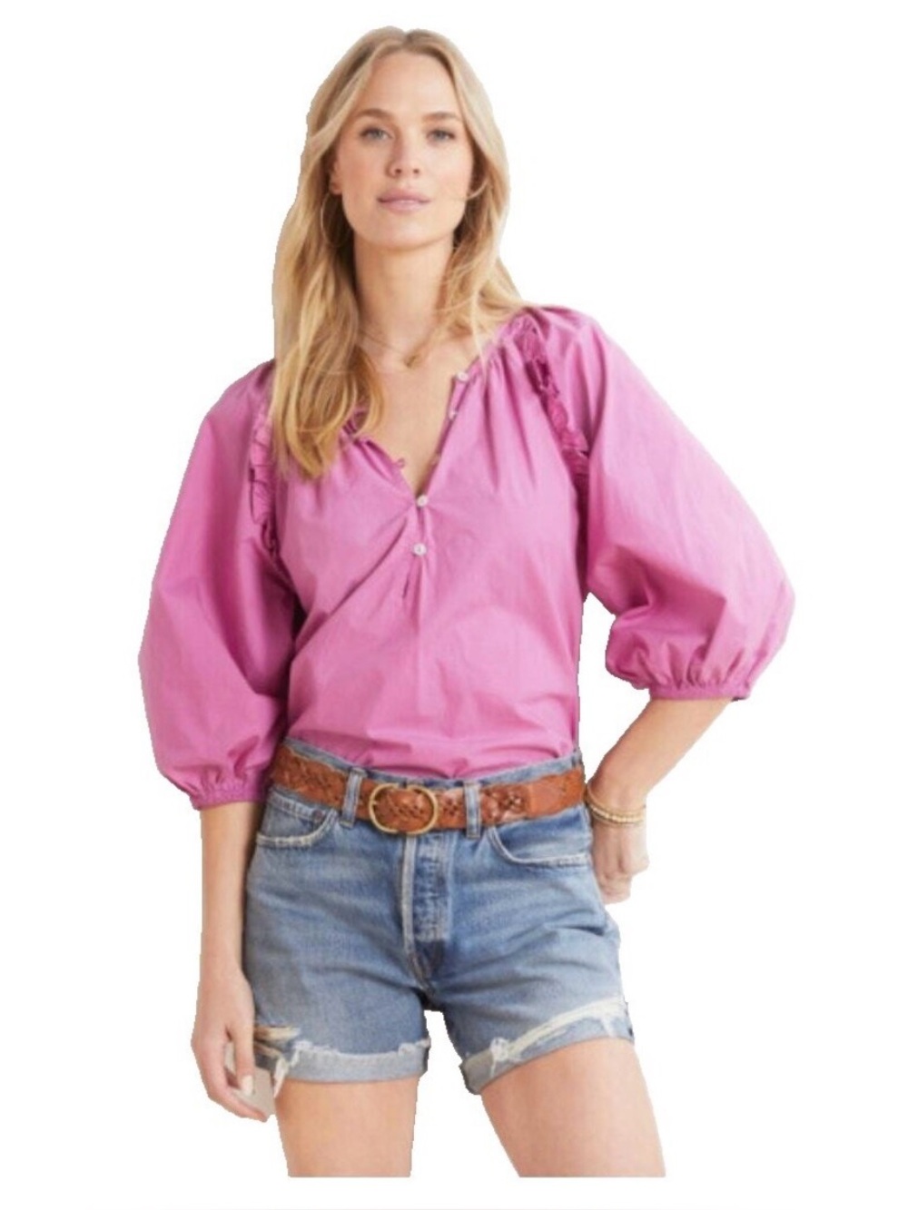 Cleobella Jess Blouse Azalea Puff Sleeve Cotton Ruffle Button Front Popover